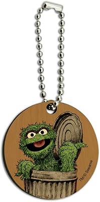 Sesame Street Vintage Oscar The Grouch Wood Wooden Round Keychain Key Chain Ring