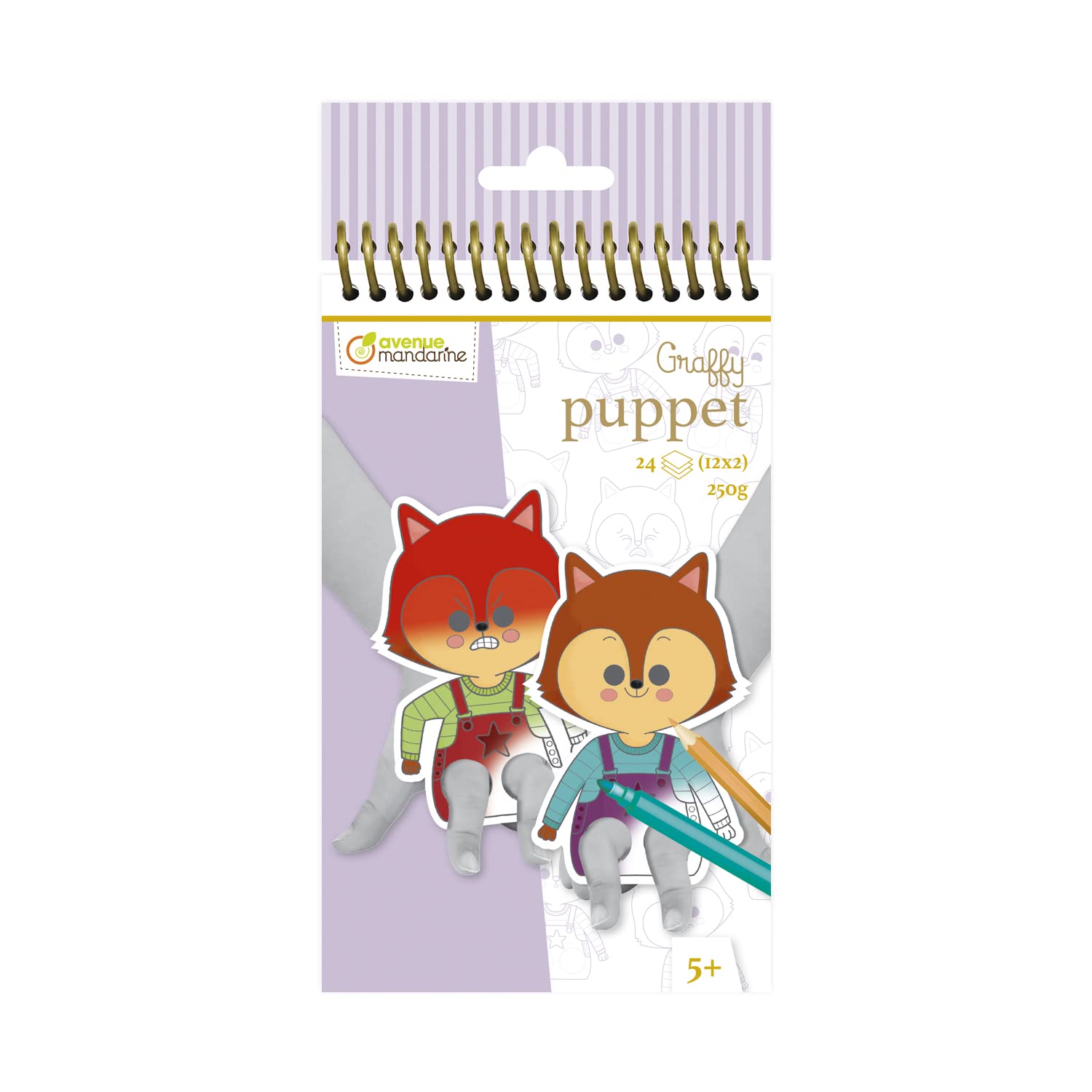 Clairefontaine ES Avenue Mandarine GY137C – Cuaderno espiral Graffy Puppet, Emotions – 24 Marionetas con dedos precortados para colorear – a partir de 5 años – Papel Clairefontaine certificado PEFC