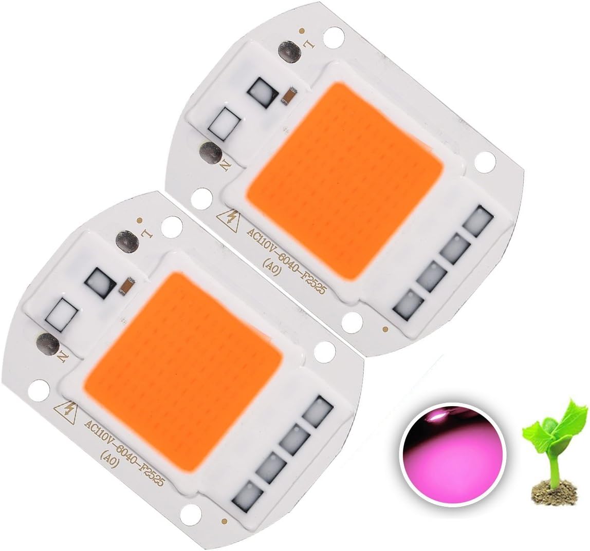 [Pack of 2] 50W Led Chip Full Spectrum Plant Grow Light (380nm-840nm / Driver Free / AC110V / 100 Watt 2Pcs) SMD COB Emitter Diode Components 50 W Bead for DIY Hydroponic Flowers Growing Lamp