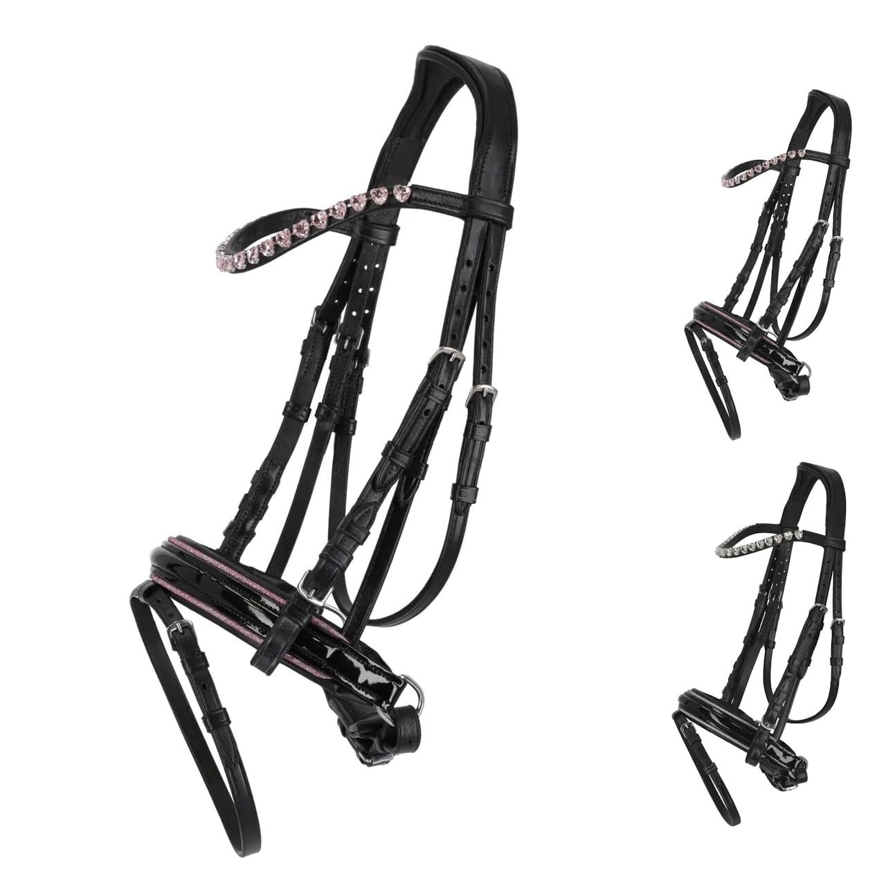 NETPROSHOP Leder Trense Bixie mit Herz-Straßsteinchen weich gepolstert Shetty und Mini Shetty, Groesse:Shetty, Farbe:Rosa