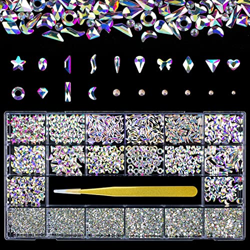 9340 Pcs AB Rhinestones for Makeup, Nail Gems Nail Jewels Nail Crystals Nail Diamonds for Nails, Nail Rhinestones Design Kit with Tweezers, Packaged in Nail rhinestones storage box.