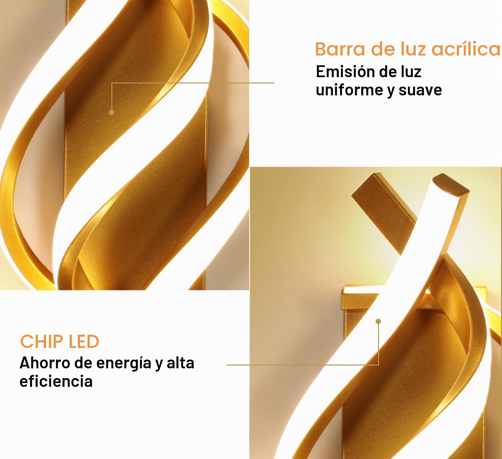 Comely Aplique Pared Interior, Dorado 22W 2500LM Lámpara de Pared Moderna | Blanco Cálido 3000k Lamparas de Aluminio para Dormitorio, Estudio, Comedor