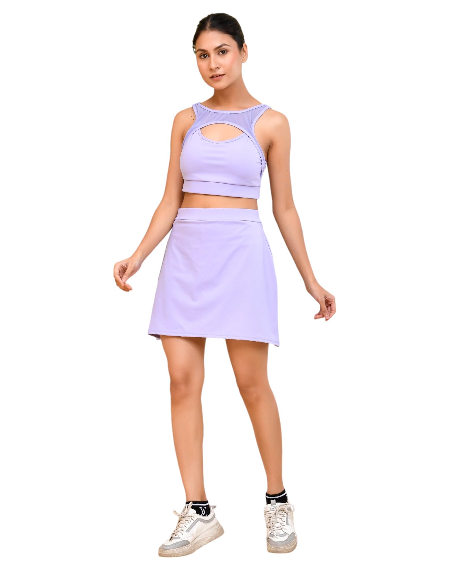 Premium Skorts Top High Waist Stretchable Gym Shorts Skorts and Net Padded Bra Gym wear/Active WearZumba/Dance Womens Workout Skorts Pants and Bra Stretchable Workout set(Removable Pads)