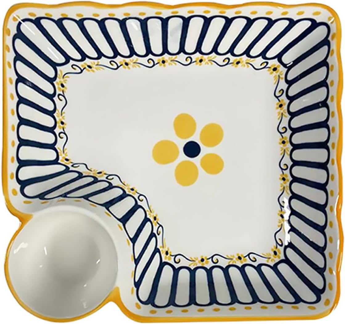 SEWACC Multi-Compartment Ceramic Food Serving Tray Non-Slip Dumpling Plate Dishwasher Safe for Family Breakfast