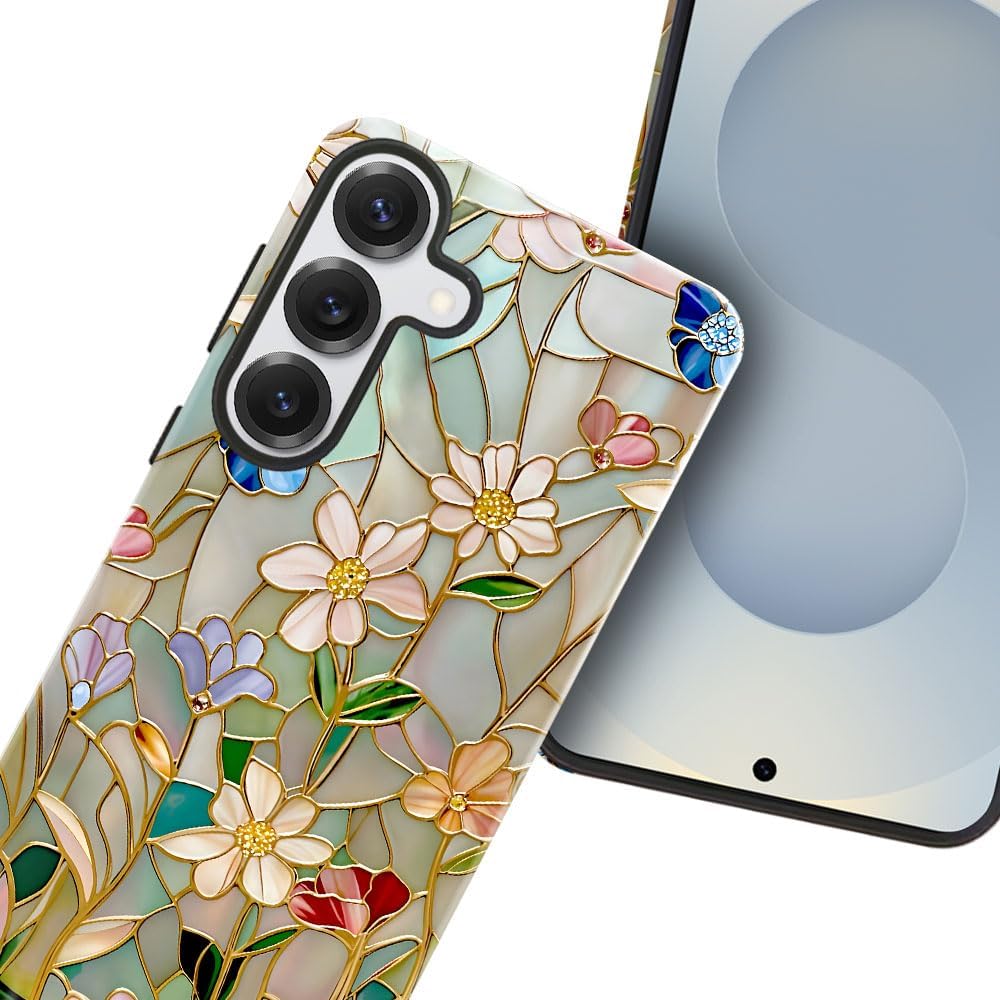 Case for Samsung Galaxy S25,Stained Glass Bloom Flower Phone Case Drop Resistant Glossy 2 in 1 Solid Dual-Layer Cover for Girl Women - Image 2
