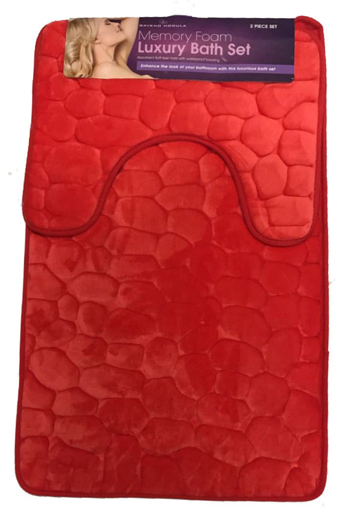 Artistic Fashionista Luxury MEMORY FOAM PEBBLE BATH MAT SET Non-Slip, Absorbable & Washable Pedestal Mat and Bath Mat Bathroom Rug (Red)