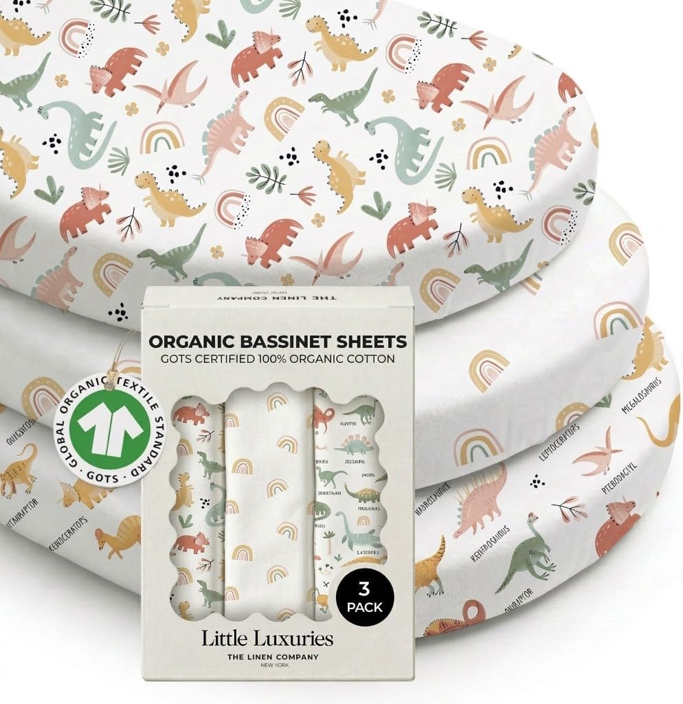 100% Organic Cotton Bassinet Sheets 3 Pack - (30 x 18 Inches) Halo/Snoo Bassinest - GOTS Certified, Soft Breathable Percale Weave, Universal Fits Standard Oval & Rectangular Mattress, for Boys & Girls