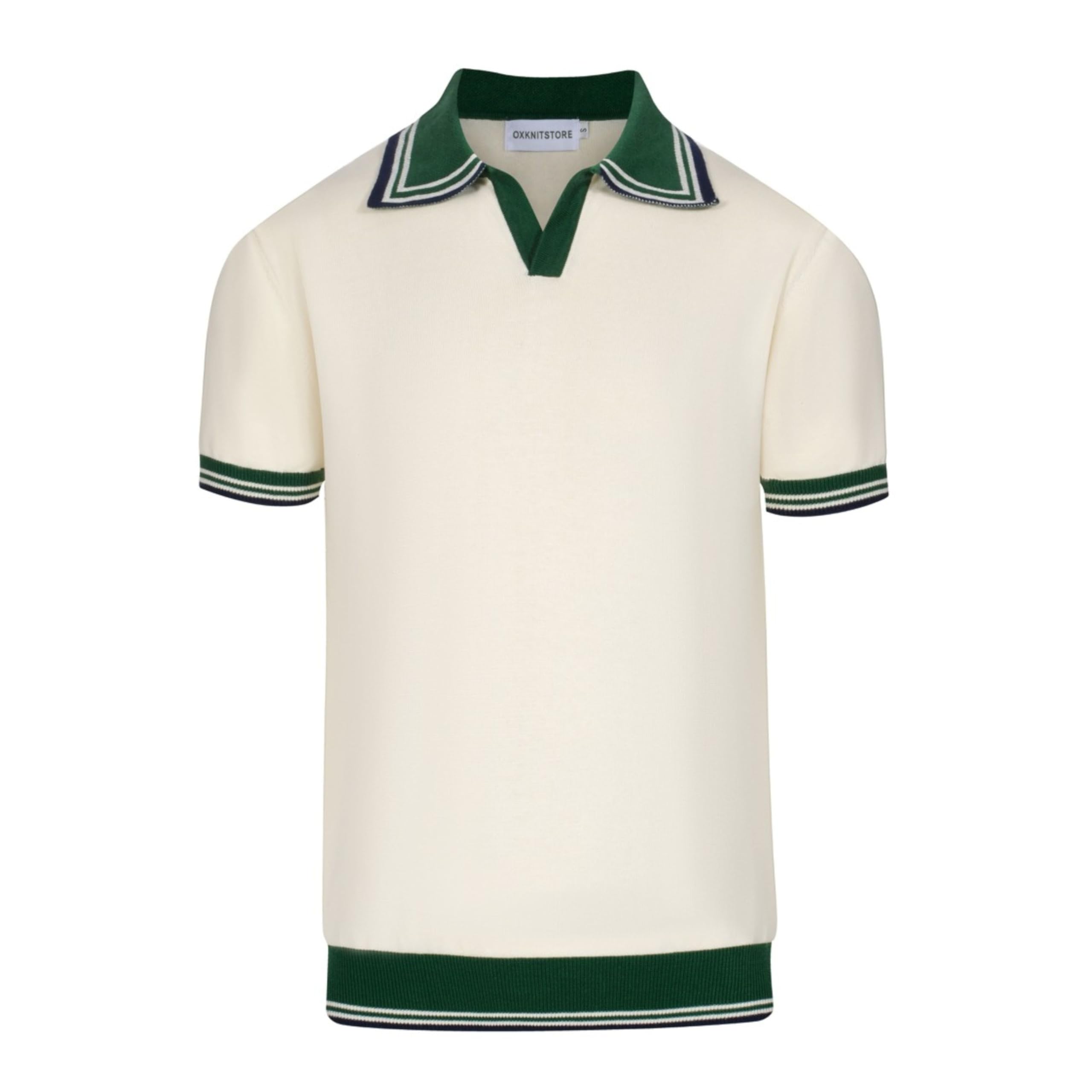 OXKNIT Men's Polo Shirts Short Sleeve Knitted Casual White Summer Shirt with Green Collar