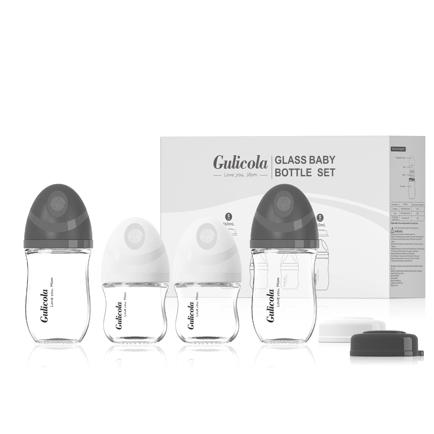 Gulicola Natural Glass Baby Bottles Set 4 Pack, Newborn Boy Breastfeeding Bottles with Slow Flow Nipples, 0 Months+, 3 oz & 5 oz - Black/White