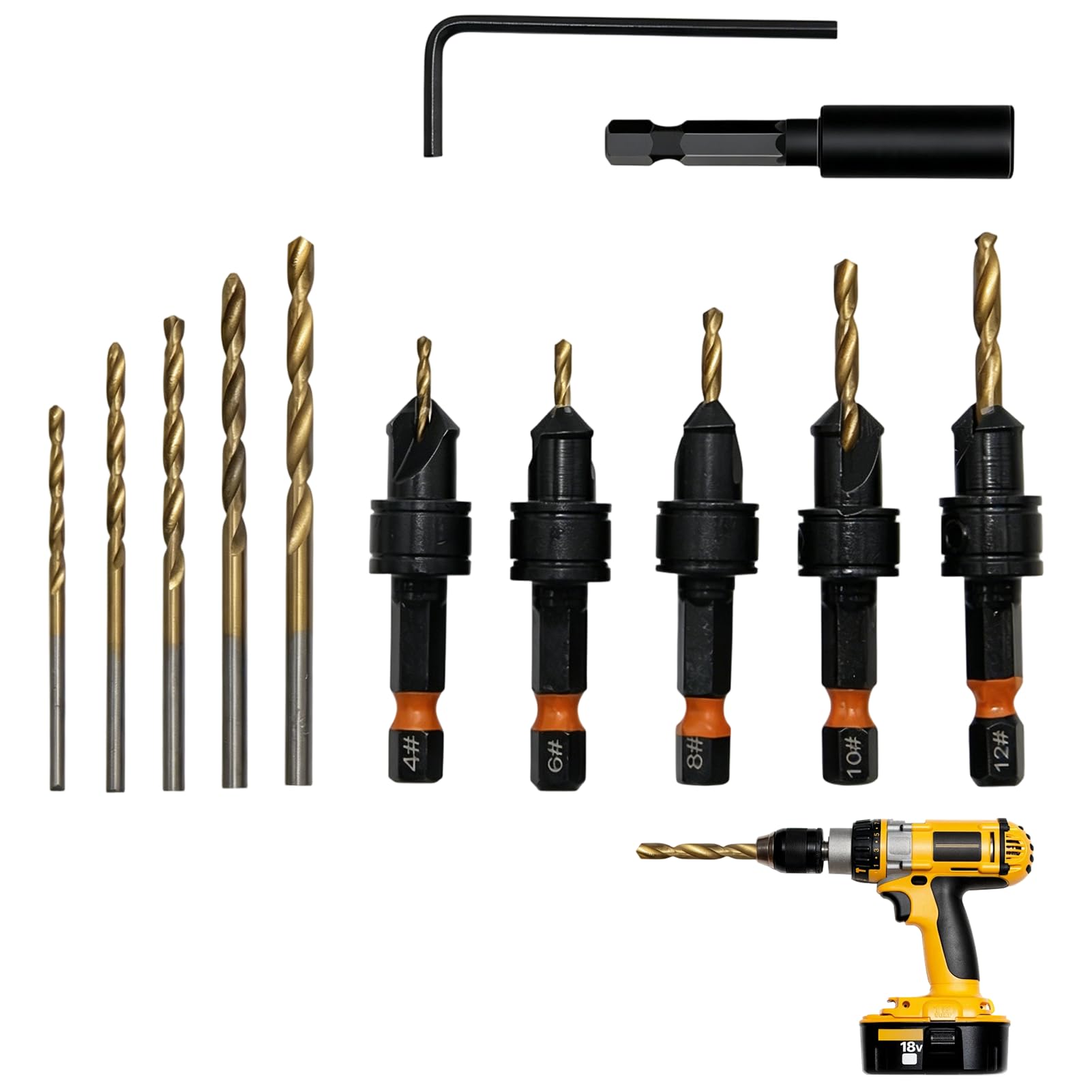 12PCS Countersink Drill Bit Set, #4, #6, #8, #10, #12, Counter Sink Drill Bits for Wood Adjustable Drilling Holes in Wood, Composite Panels, and Plastics