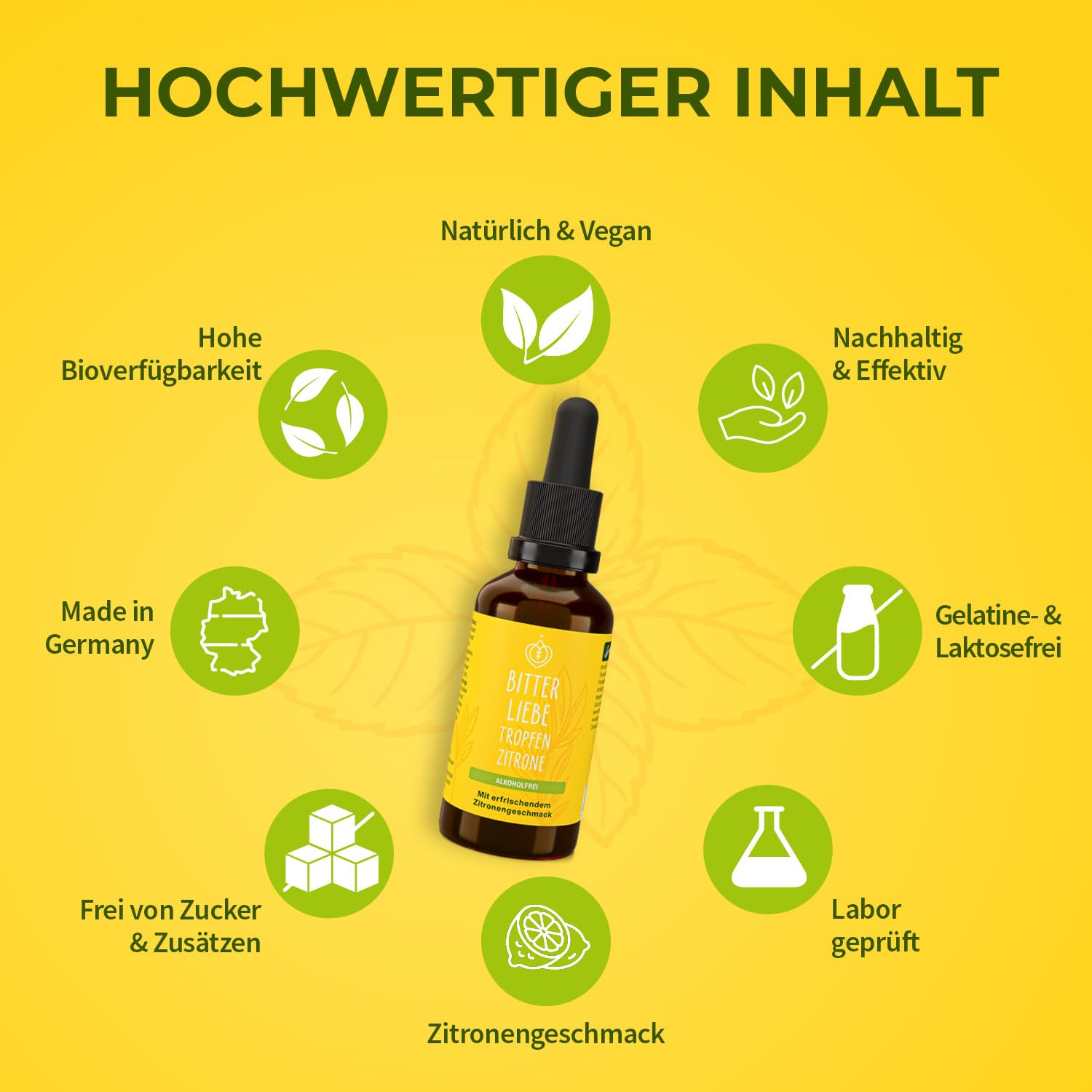 BitterLiebe - Bittertropfen Zitrone ohne Alkohol 100ml - Bitterstoffe Tropfen mit Zink und Zitronengeschmack - nach Hildegard von Bingen - vegan & alkoholfrei - in Deutschland hergestellt