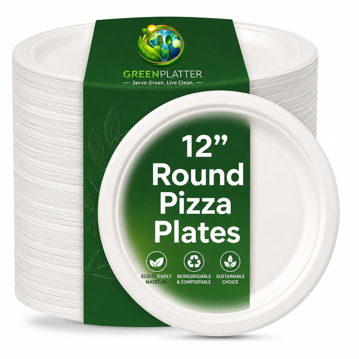 Greenplatter Bagasse Premium Pizza Plates, 12 Inch Round (Pack of 50) - Heavy Duty Disposable Pizza Plate, Eco Friendly Sugarcane Dishes, Compostable Party Plates, Microwave & Freezer Safe