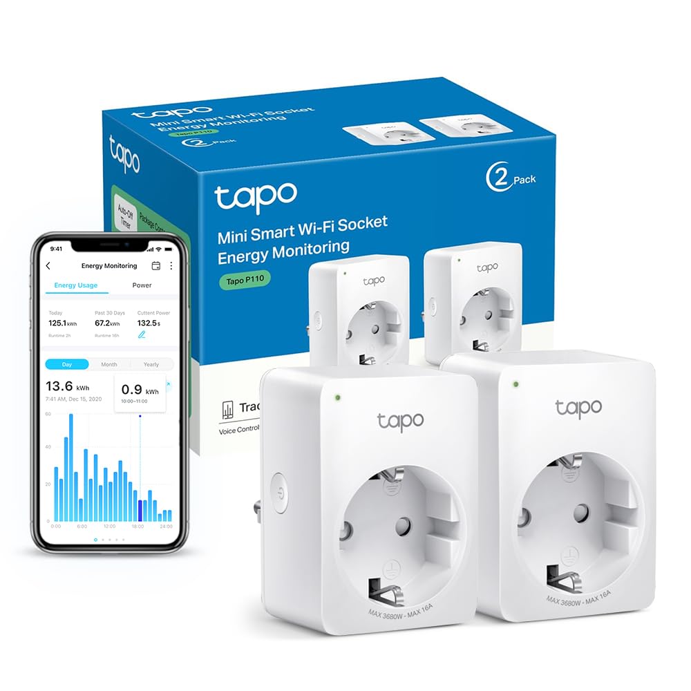 Tapo Tapo Prise Connectée WiFi, Suivi de consommation, 16A Type F, compatible avec Alexa et Google Home, Contrôler le radiateur, le chauffage, Économie d'énergie, Commande vocale, Tapo P110(2-pack)