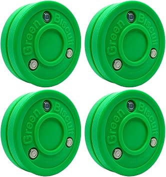 Green Biscuit Original 4 Pack Off Ice Hockey Pucks, Official Street Hockey Puck to Improve Stickhandling and Passing Skills