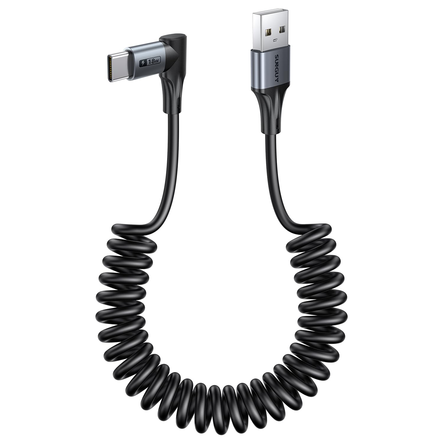 SUNGUY 直角コイル式 USB C ケーブル, 90度 USB-A - USB-C ケーブル Android Auto Carplay、iPhone 17 16 15 Pro Max、Galaxy S25 S24 Ultra 用タイプ C コード - 1.8M【快適な長さ: 0.5-1.5M】, 2枚組, グレー