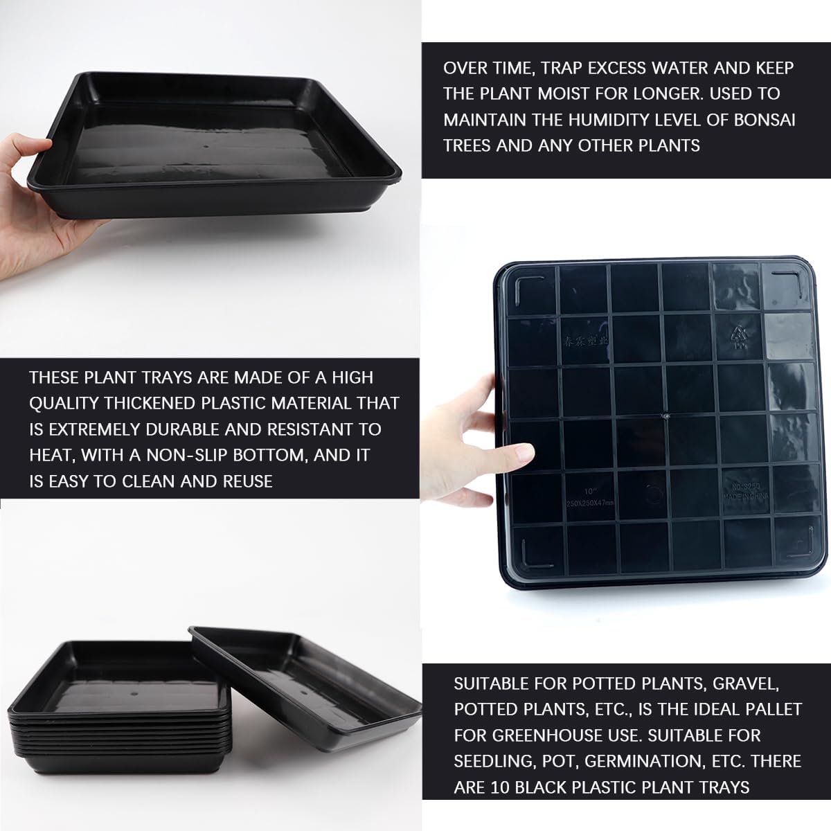 10Pcs 9 Inches Square Plastic Plant Saucer Flower Pot Tray Plant Saucer Tray for Garden Potted Water Drips and Soil（Black）