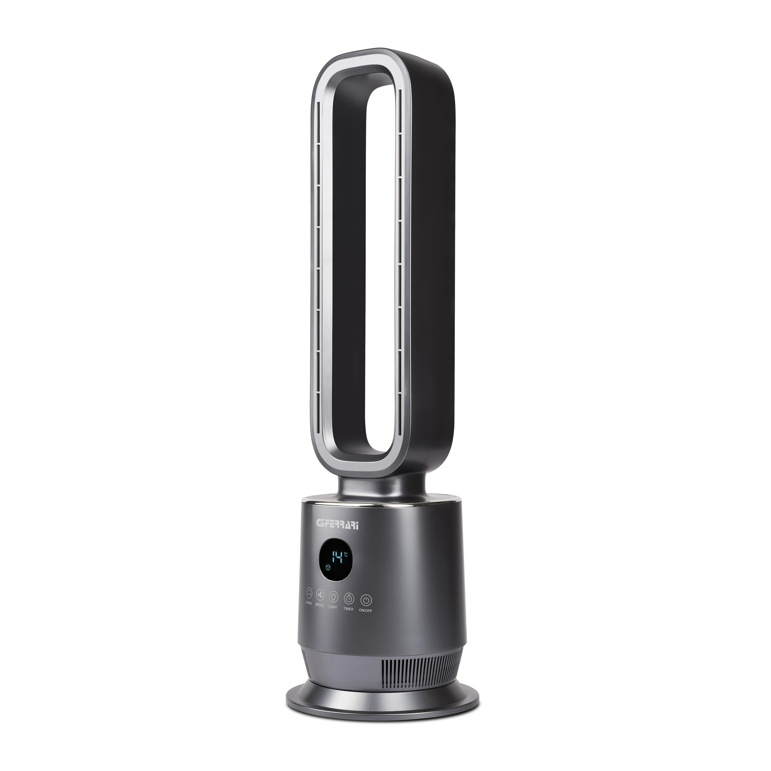 G3 Ferrari G50051 Wind Mastro Ventilator ohne Flügel, 50 W, 3 Geschwindigkeiten, automatische Drehung, Temperaturanzeige, Timer, Fernbedienung, Silent, grau