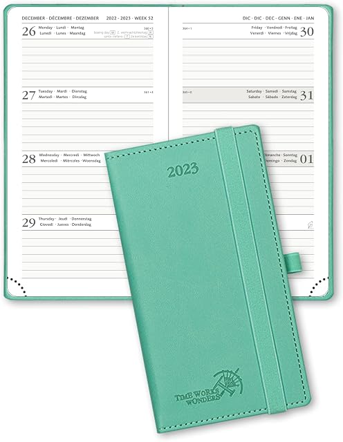 POPRUN Pocket Diary 2023 Week to View 16.5 x 9 cm - Slim Weekly Planner A6 Runs Dec'22 - Dec'23 with Dotted Note Pages, Vegan Leather Hardback,Green
