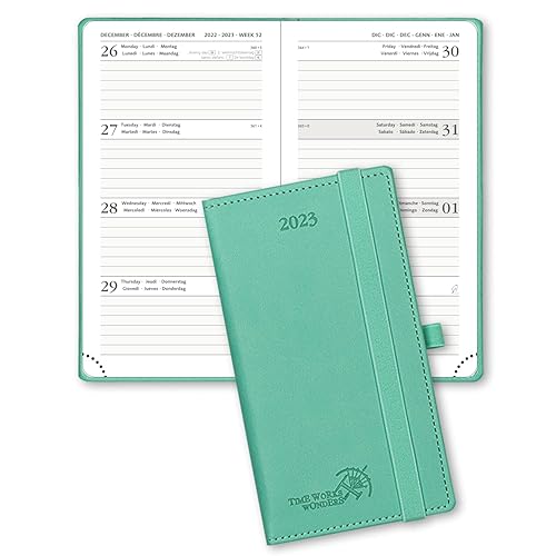 POPRUN Pocket Diary 2023 Week to View 16.5 x 9 cm - Slim Weekly Planner A6 Runs Dec'22 - Dec'23 with Dotted Note Pages, Vegan Leather Hardback,Green