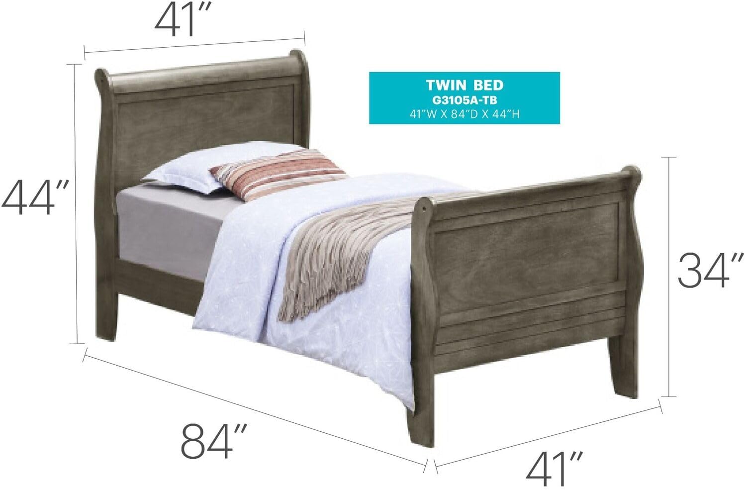 HomeStock Sleigh Bed Frame Full Size Platform Bed Elegant Bedroom Furniture Gray Finish Twin/Gray