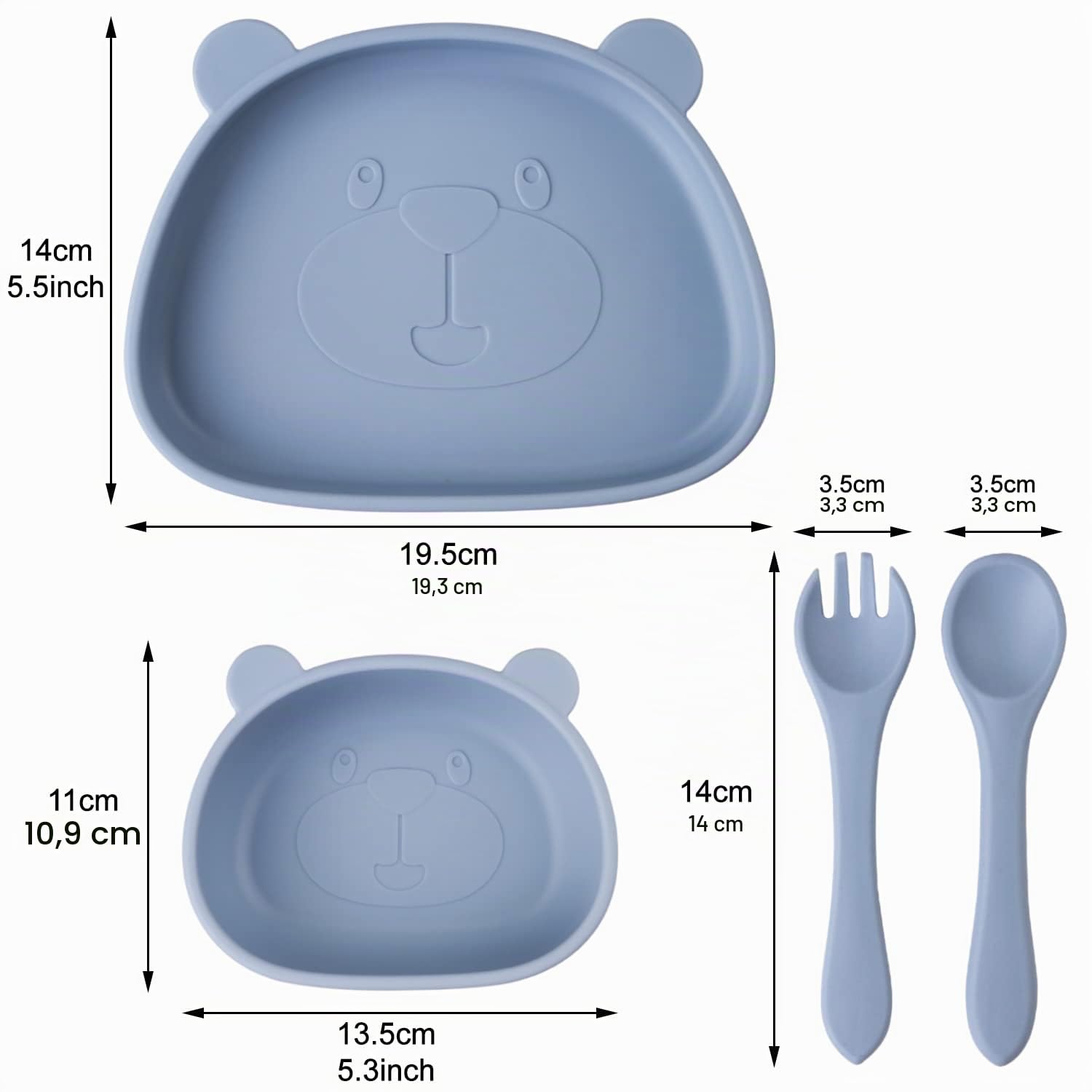 Piatto con Ventosa per Bambini in Silicone,4 Pezzi Piastra Ciotola per Neonati con Cucchiaio e Forchetta,Set Pappa Svezzamento Bambini,100% senza BPA,lavastoviglie e cassaforte a microonde,Blu