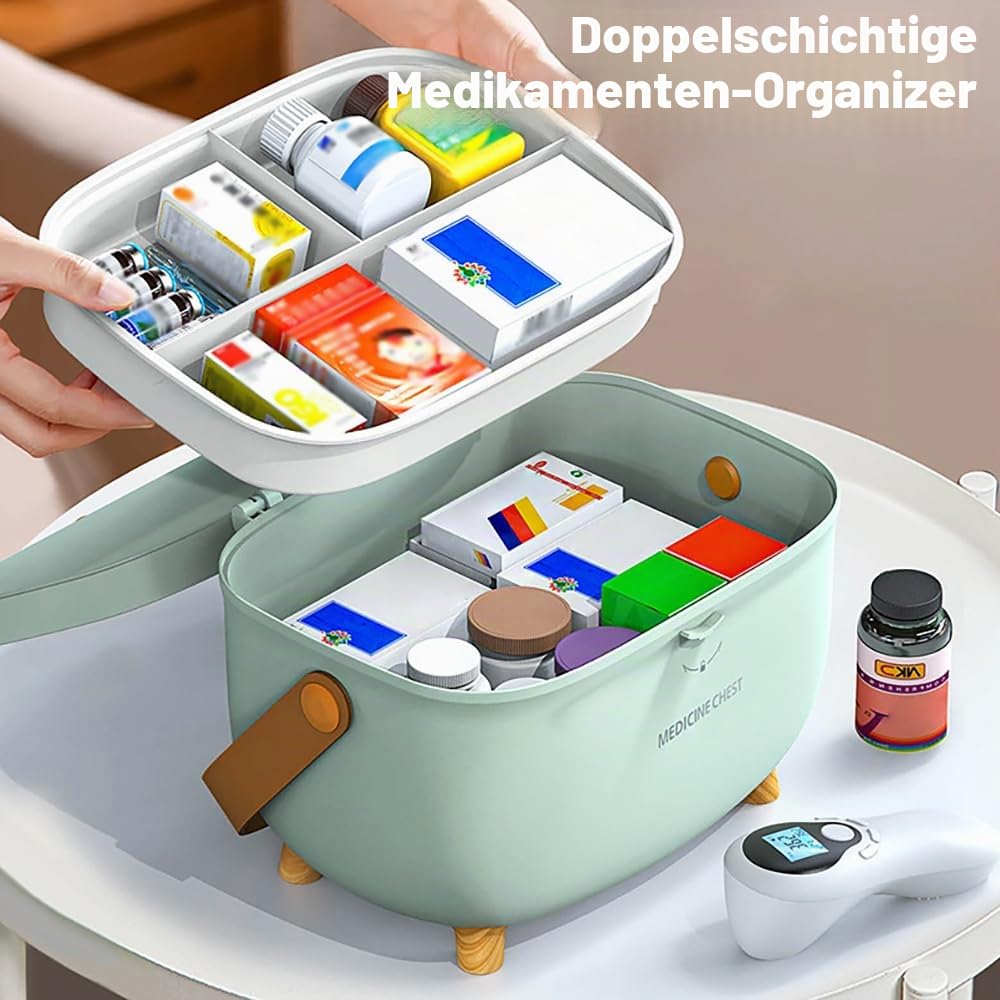 Medikamenten Aufbewahrung,Medizinbox Hausapotheke box mit Griff und herausnehmbarem Fach,Doppellagig Multifunción Aufbewahrungsbehälter Große Kapazität für Medikamente,Gadgets,Kosmetische(Grün)