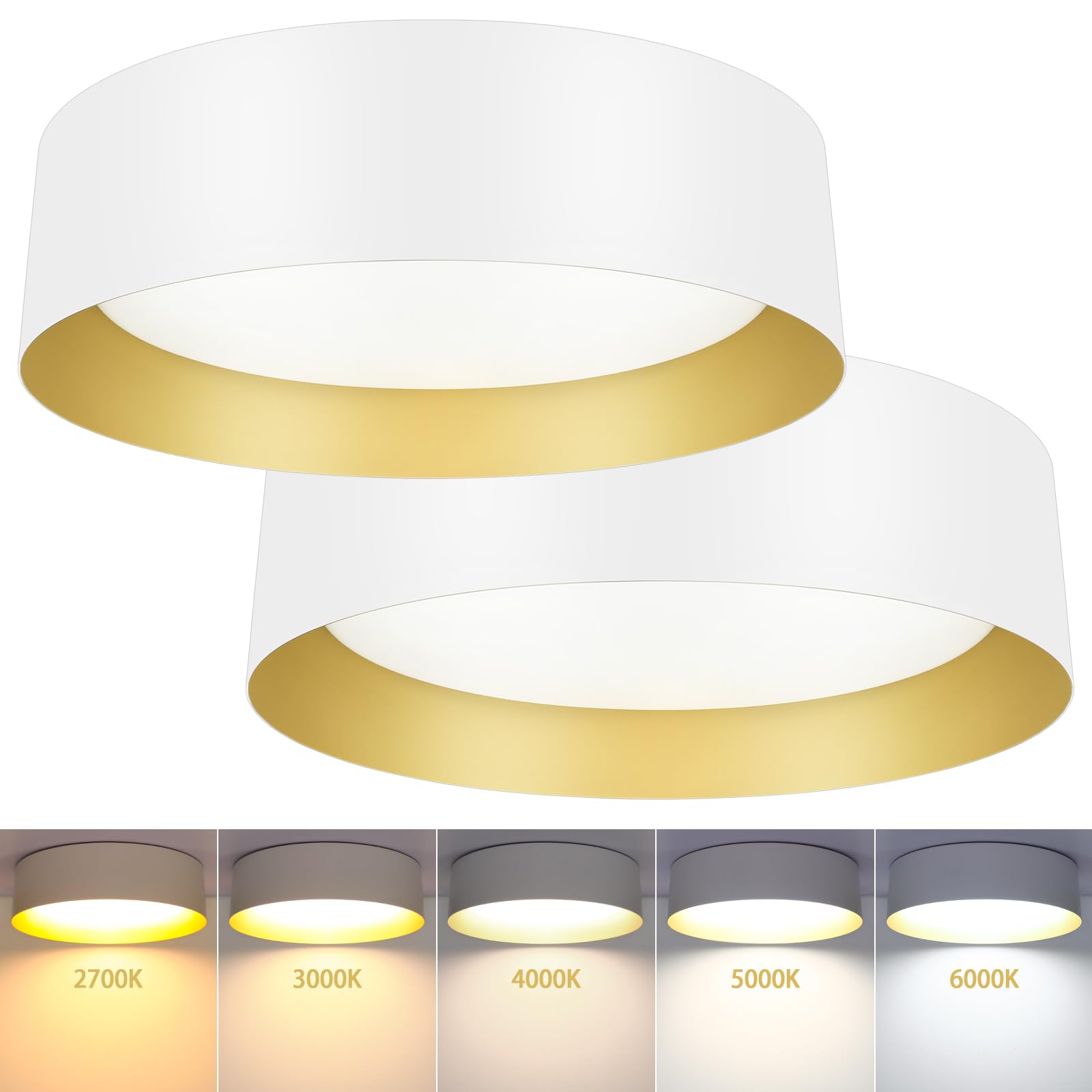 Flush Mount Ceiling Lights, LED Ceiling Light Fixtures, 300W Equivalent 2600LM 5CCT Adjustable, Modern White and Gold Flush Mount Lights, Dimmable Ceiling Lamps for Bathroom Hallway Bedroom