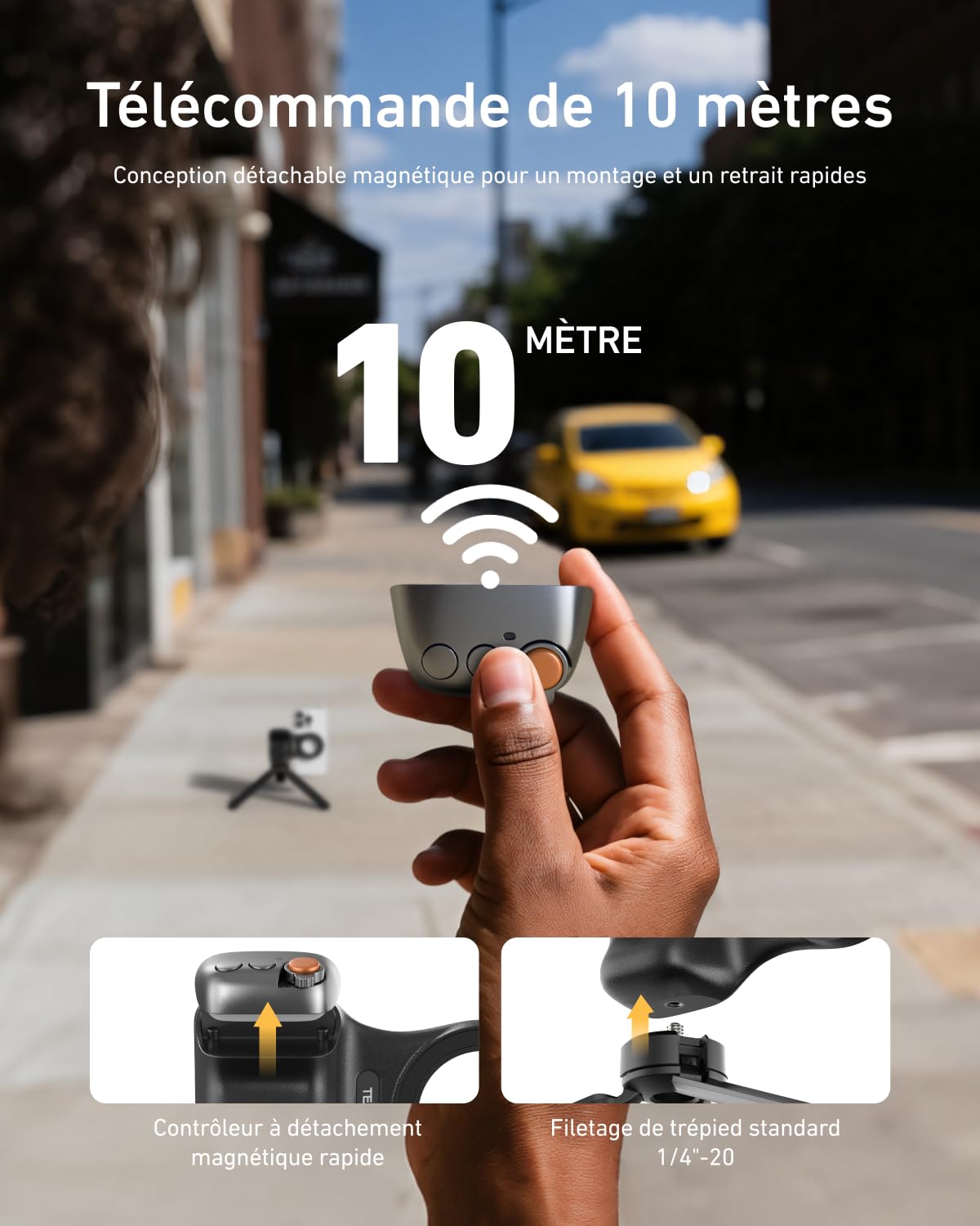 TELESIN Fun Shot Smartphone Handle Grip, Poignée Smartphone avec Détachable Télécommande Bluetooth - Filetage 1/4, Stabilisateur de Poignée pour iPhone Android, Selfies/TikTok (Noir)