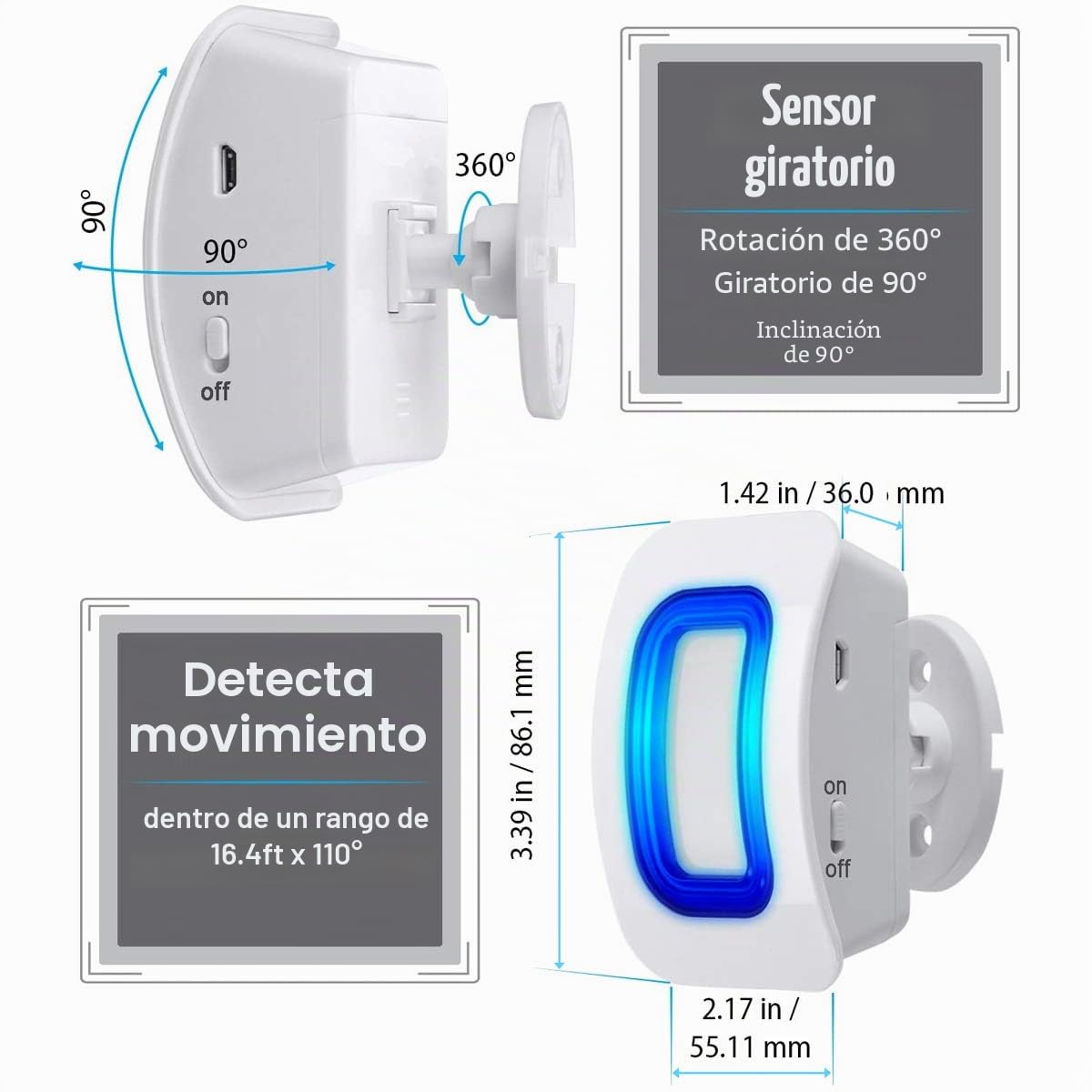 Alarma con sensor de movimiento para interiores y prevención de caídas para pacientes ancianos con demencia, dispositivo de alerta de buzón para el hogar, color blanco