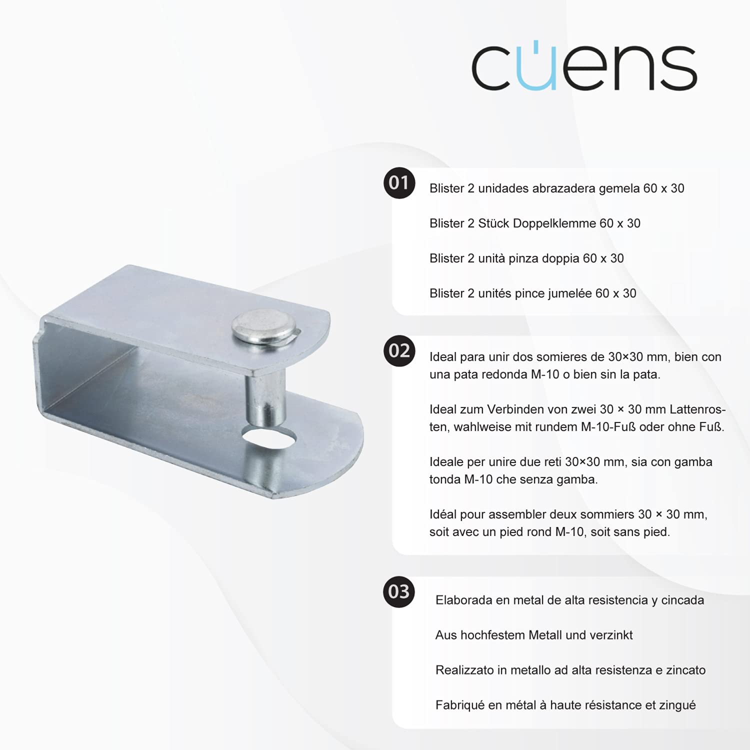 Blister 2 Abrazaderas Gemelas 60 x 30 - Abrazadera Doble Tubo - Abrazadera metálica para Patas Redondas - Cuens