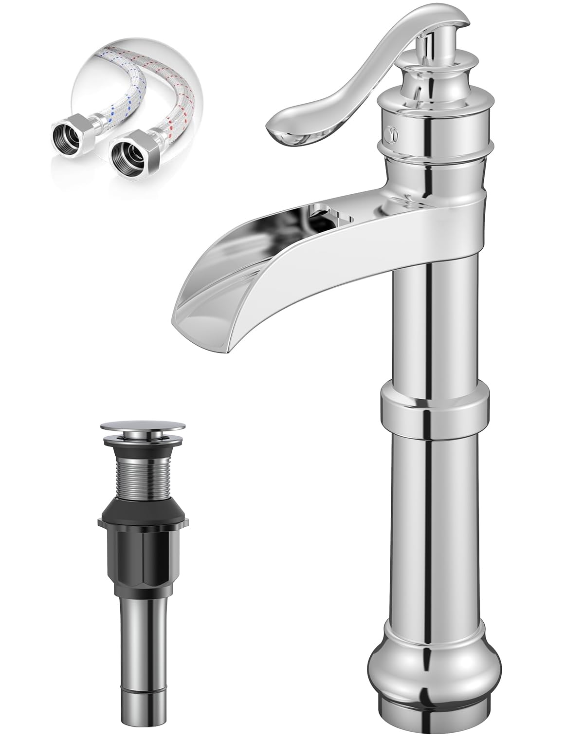 Nfusrxmbk Chrome Vessel Sink Faucet, Waterfall Bathroom Sink Faucet Tall Bathroom Polished Single Handle 1 Hole Lavatory Commercial Vanity Mixer Tap With Pop Up Drain Without Overflow Supply Line
