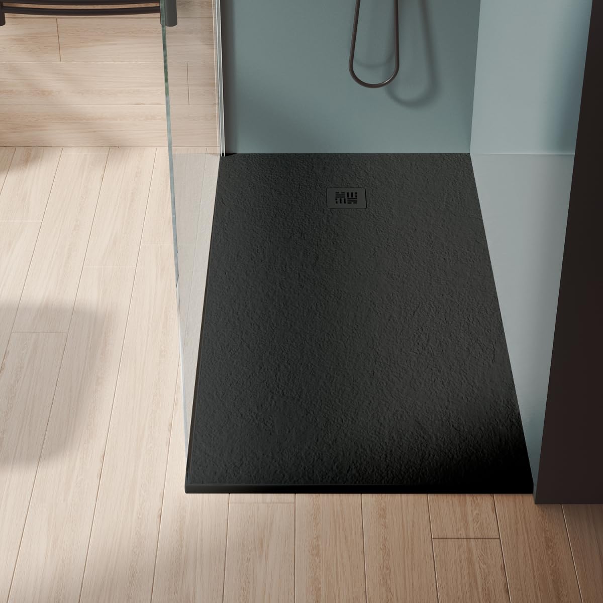 Plato de Ducha de Resina Extraplano Antideslizante | Valvula y Rejilla Negro | Negro | 90 X 160