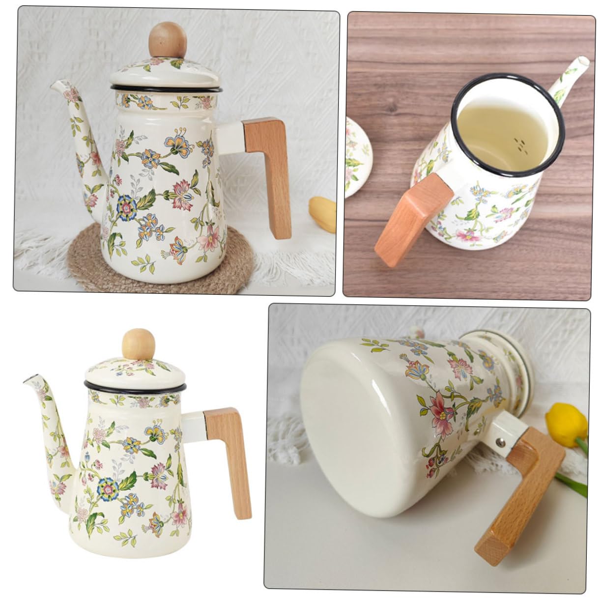 Mipcase Teiera Smaltata Vintage Manico in Legno 1,2L Bollitore per Tè e Caffè per Appassionati di Caffè e Tè