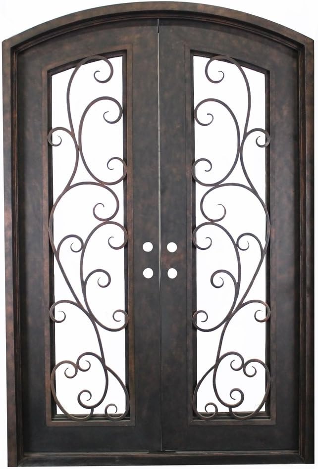 Midwest Iron Doors 207296NT-02COT. 72" x 96" Iron Entry Double Door in Hand Rubbed Bronze with Full Lite Eyebrow Arch Featuring Santa Cruz Scroll Panels and Cotswald Glass