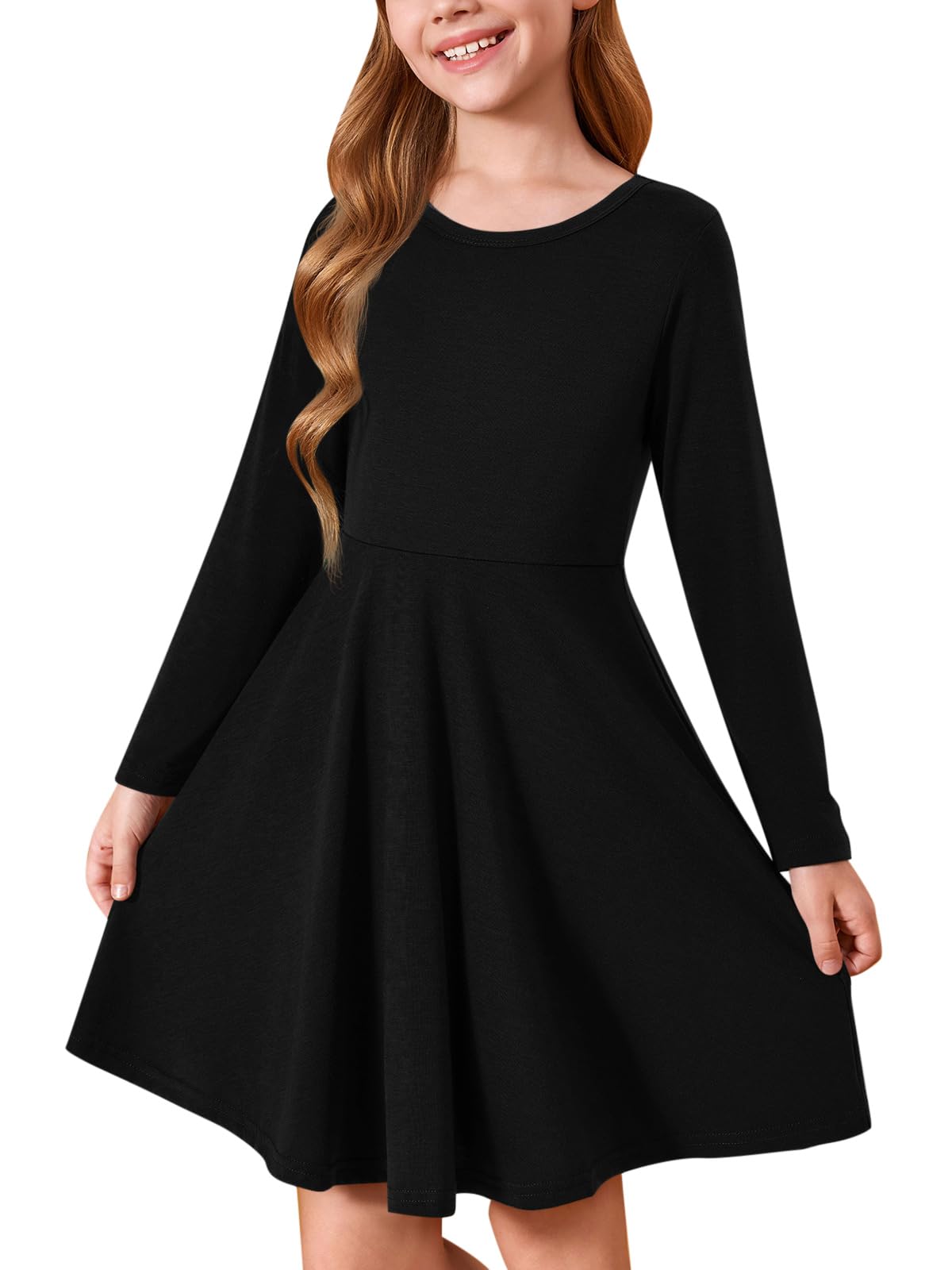 Haloumoning Girls Long Sleeve T-Shirt Dresses Kids Fall A-Line Twirly Skater Dresses 5-14 Years