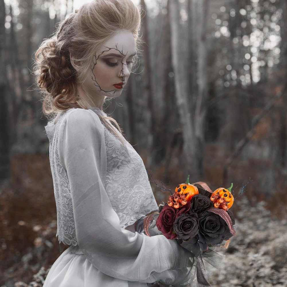 Wedding Bouquets for Bride and Bridesmaid - Black and Burgundy Gothic Bridal Flowers, Artificial Rose Bouquet