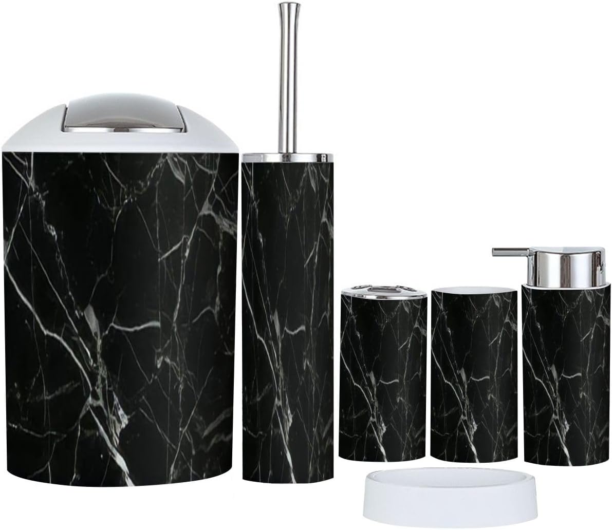 Bathroom Accessory Set 6 Piece Abstract Texture Black White Marble Gold Veins Decorative Toothbrush Holder, Toothbrush Cup, Soap Dispenser, Soap Dish, Toilet Brush Holder, Trash can for Countertop