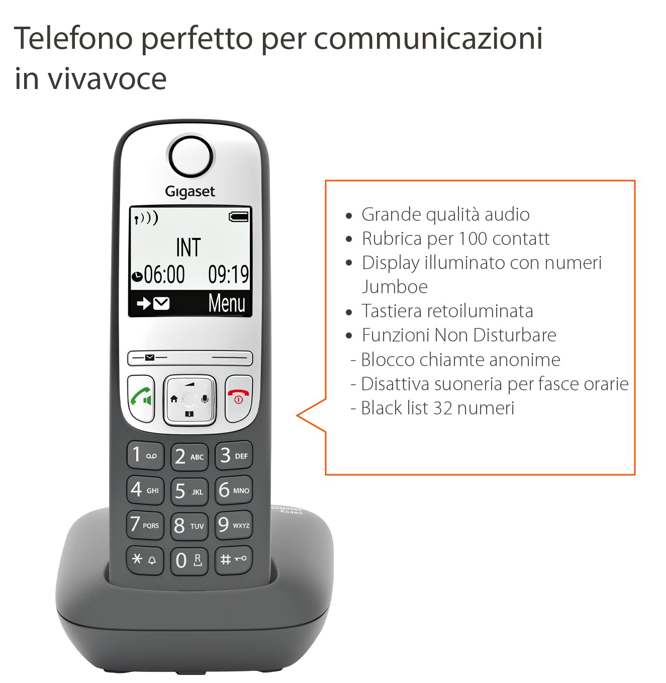 Gigaset AS485 - Telefono Cordless - Vivavoce - Numeri grandi sul display - Tastiera Illuminata - Risparmio energetico, Grigio Antracite [Versione Italiana]