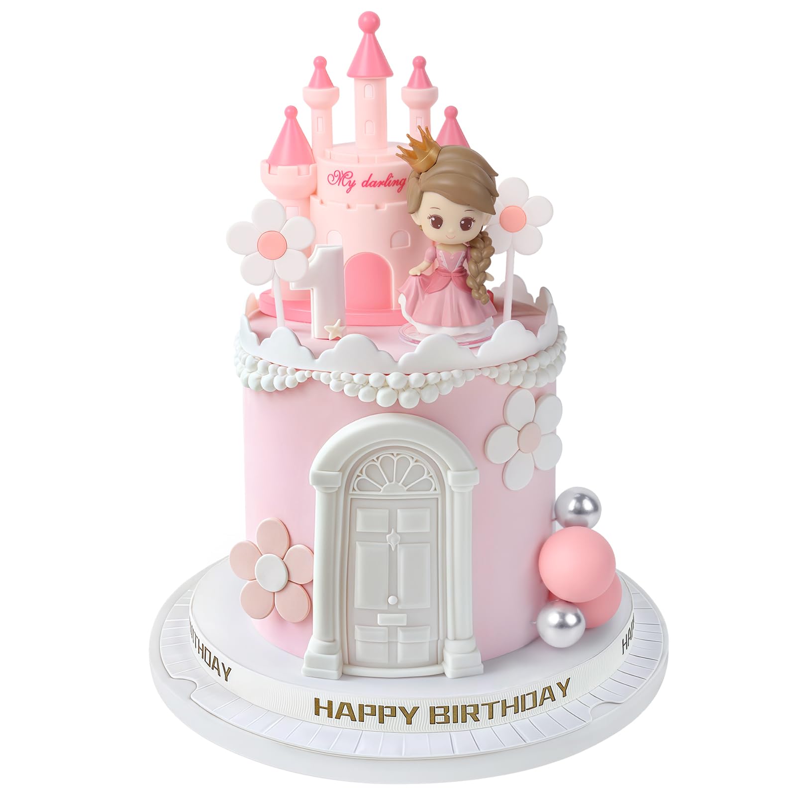 8PCS Princess Cake Topper Castle Cake Decoration with Flower Balls for Princess Theme Girls Baby Shower Birthday Party Decoration