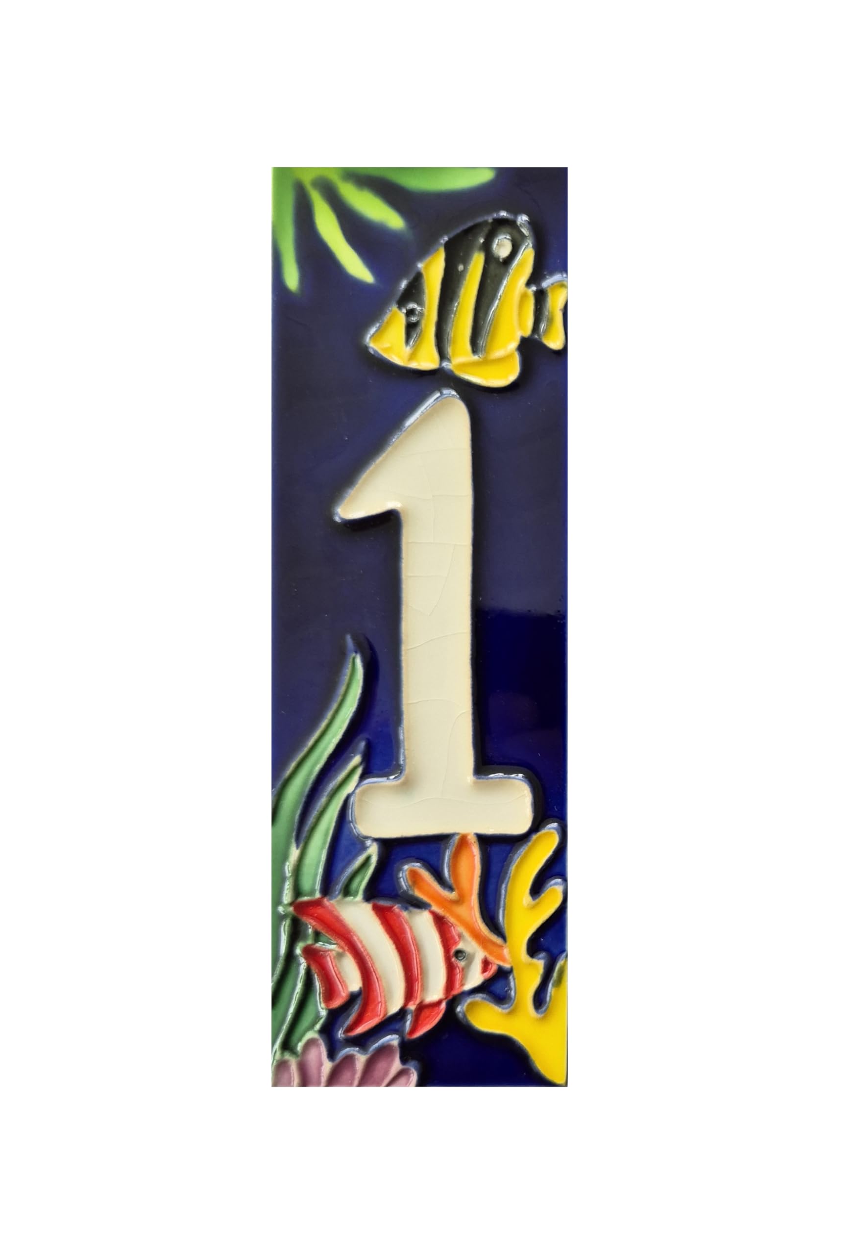 Hand-painted ocean-themed custom address ceramic house numbers tiles 15 x 4.8 cm | Optional brown and white frames (Number 1 tile)
