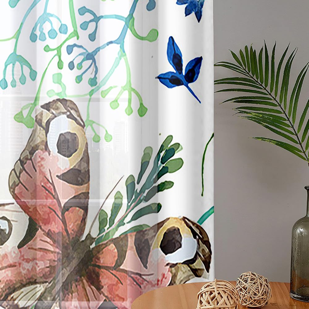 Surwin Rideau Voilage Lot de 2 Rideaux à Imprimé Papillon, 3D Rideau à Oeillets, Semi-Transparent Voilages Intérieurs pour Cuisine, Salon, Chambre (132x244cm,Fleurs Jaunes