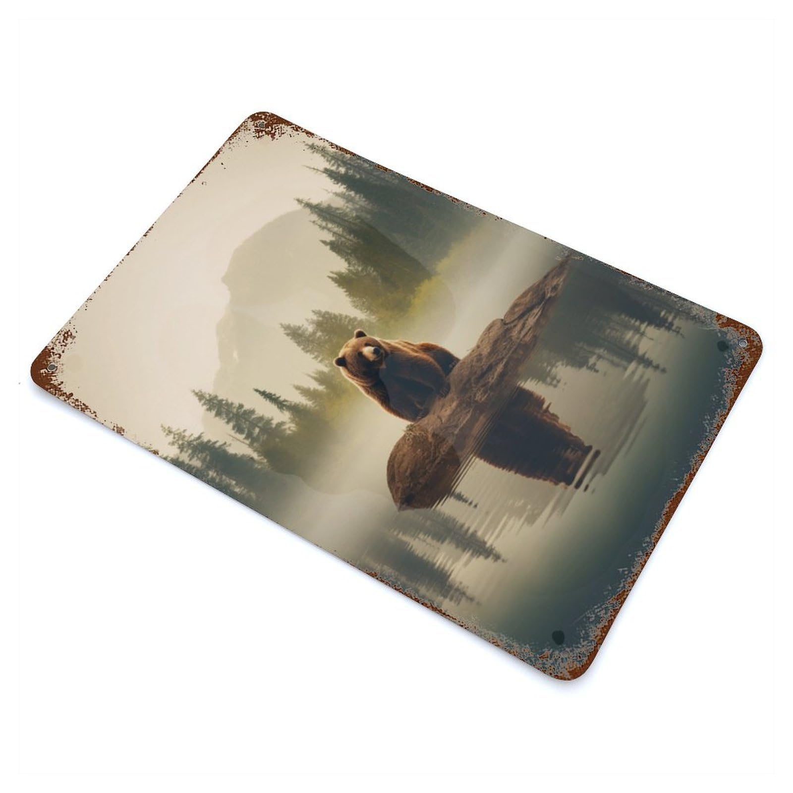 Rust Effect Bear on A Lake in The Fog Weathered Tin Sign 11.8"x7.9", Retro Wall Decor for Garage, Bar And Workshop Decor