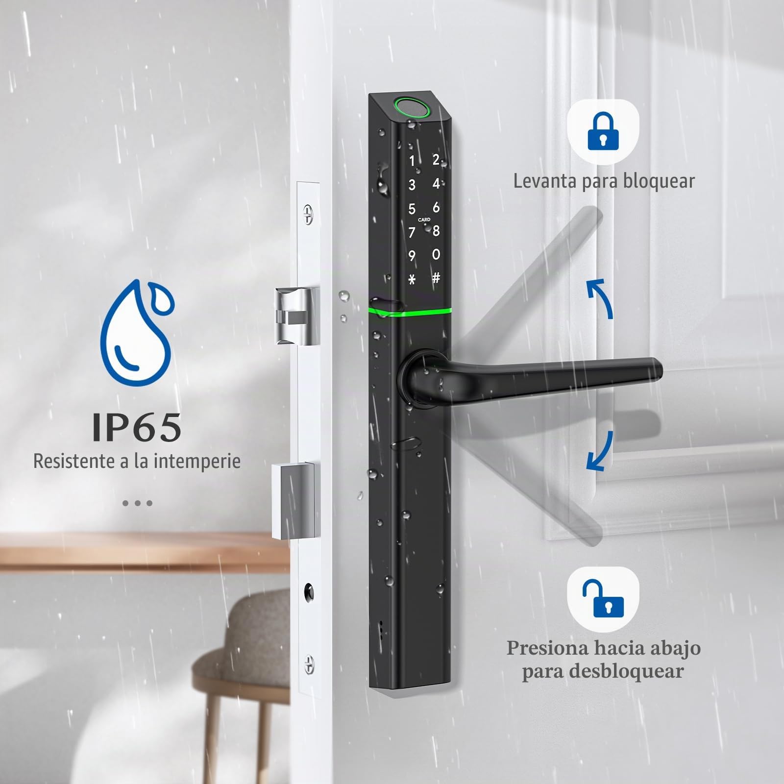 Ruveno Cerradura de puerta inteligente resistente a la intemperie con asa: entrada sin llave de huellas dactilares - Cerradura de puerta de código digital para puerta de madera de aluminio - Cerrojo