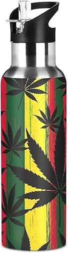 Miniatura 8 de BPA-Free Sports Water Bottle with Straw 20 Oz, Stainless Steel Water Bottle for Gym Outdoor Travel School, Black Leaves Colorful Stripes