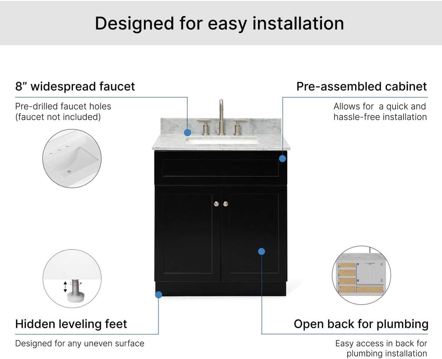 ARIEL Hamlet 30-inch Bathroom Vanity with Sink,Solid Wood, 0.75-inch Italian Carrara Marble Countertop & Backsplash, Single Oval Porcelain Sink, 2 Soft Closing Doors, Brushed Nickel, Black
