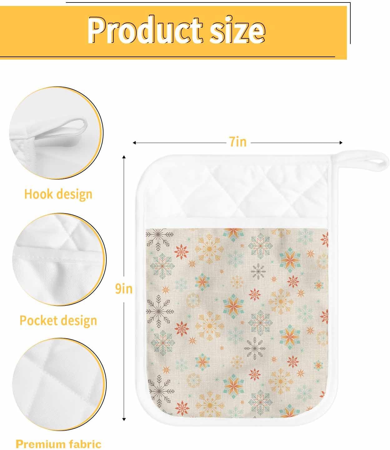 4PCS Pot Holders with Pocket for Kitchen, Christmas Snowflakes Pot Holder Set Heat Insulation Potholders, Winter Xmas Geometric on Linen Oven Mitts Hot Pads for Baking Cooking Barbecue