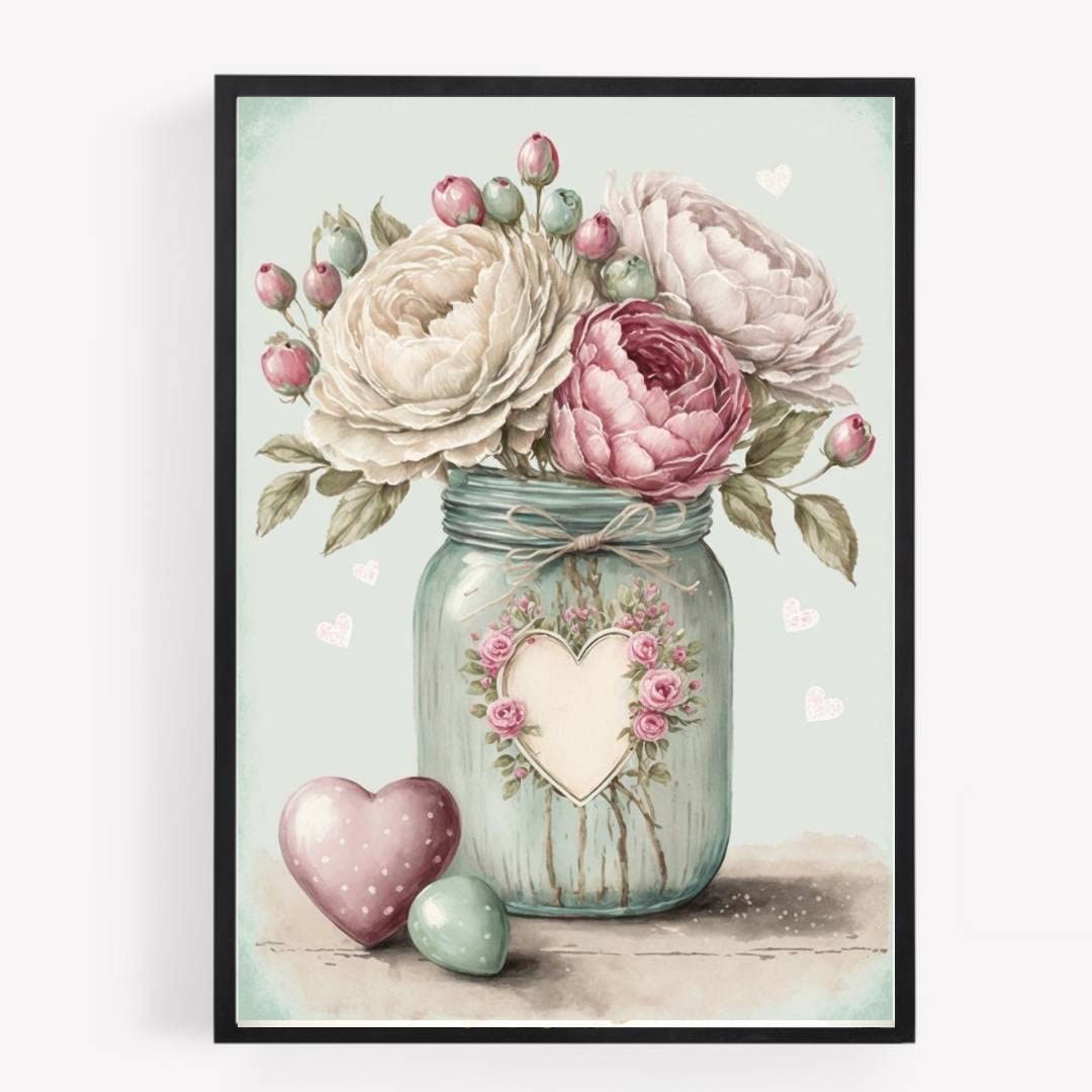 gfc cream pink roses Print Picture Poster A4 UNFRAMED mason jar flowers shabby chic country vase wall art Home decor Decorating