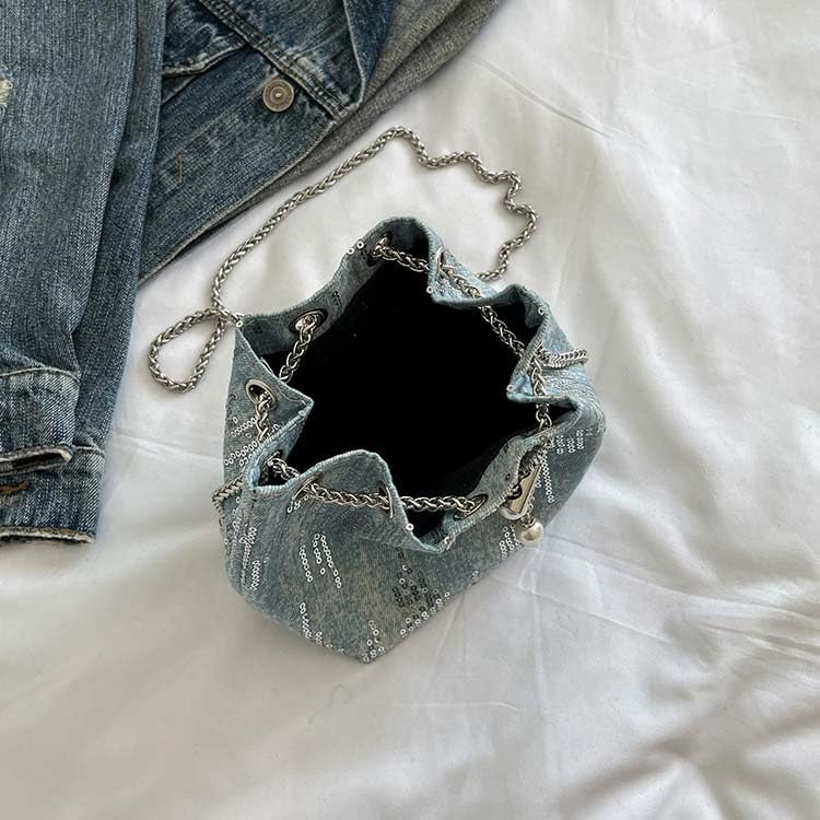Glitter Denim Bucket Bag for Women Sequin Drawstring Crossbody Handbag Mini Shoulder Clutch Purse4