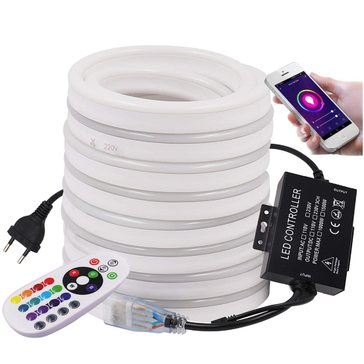 XUNATA Luce al neon WiFi RGB con telecomando, 220 V, impermeabile e flessibile, striscia LED, sincronizzazione musica, controllo app (100 m)