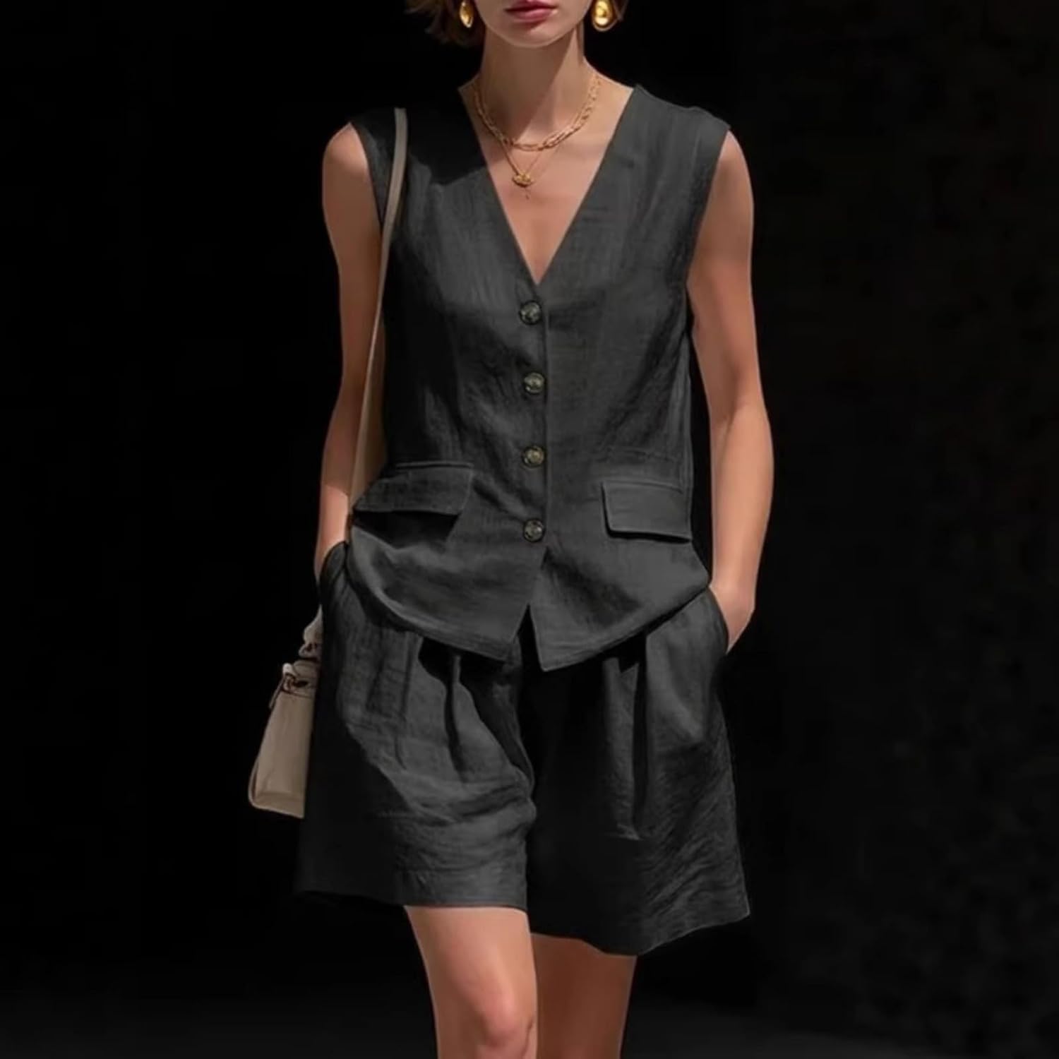 Women's Cotton Linen Vest Tank Top and Shorts Set Two-Piece Casual